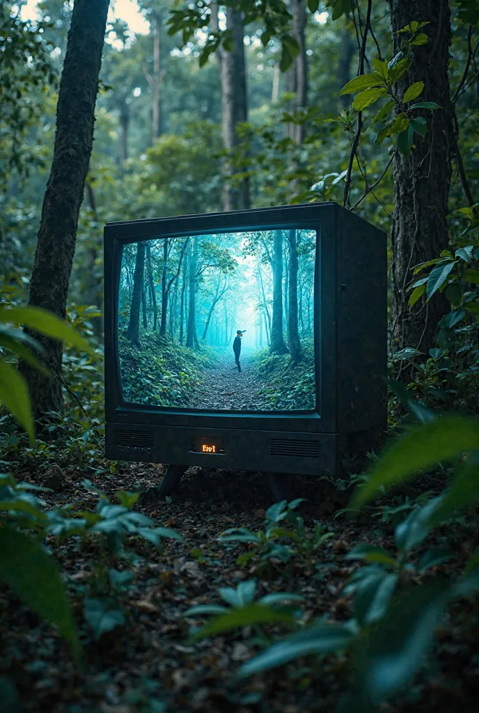  LED TV on showing movie. Scene from the movie police.   in the middle of a rainforest. Nobody watches. The TV has intense light and brightness.  image is seen from the side. hyperrealistic photograph 4k. Leica. lenses no one watches TV. The wind passes  