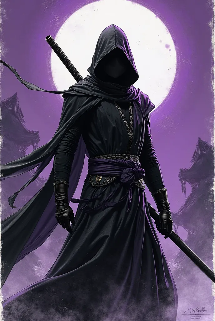 Create a drawing with a Ninja with black, white and purple colors