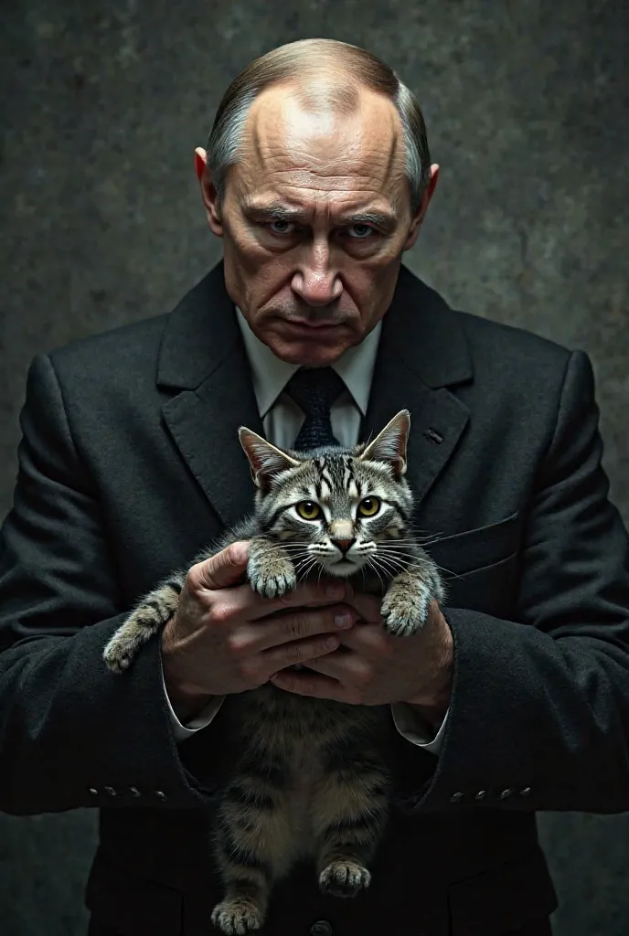 Generate an image of Putin holding a gray cat with black stripes hostage