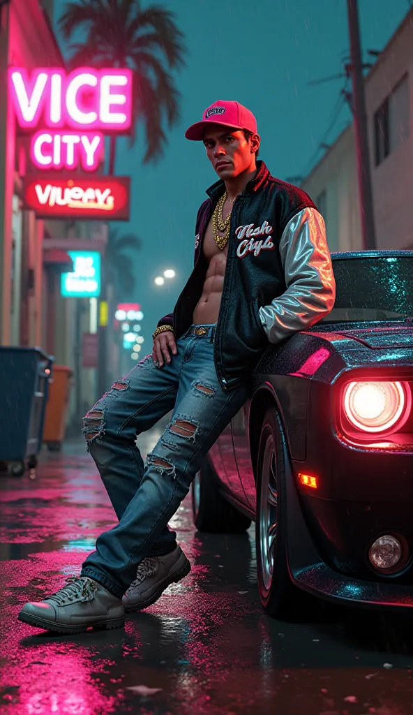 16K-resolution scene in the GTA 5 art style: Tommy Vercetti (reimagined with 100% chrome skin) leans against a matte black Dodge Hellcat on a rain-soaked Miami backstreet at night. His metallic body mirrors neon signs ("VICE CITY" in pink cursive), the Hel...