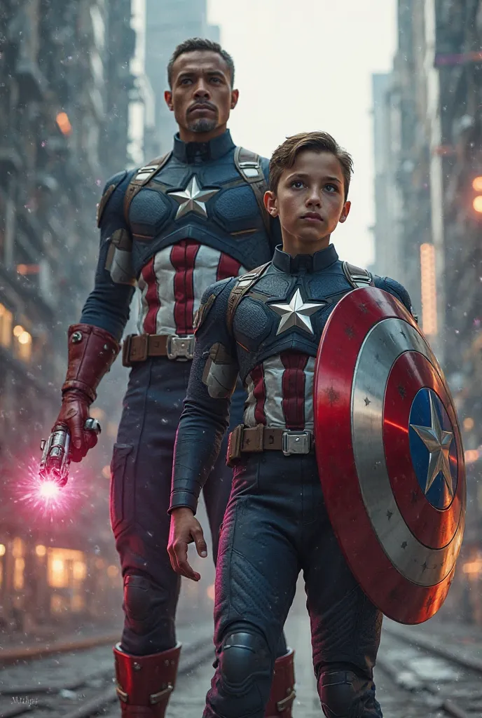 Cinematic image of Captain America with a young hero who transports himself and has new technology 