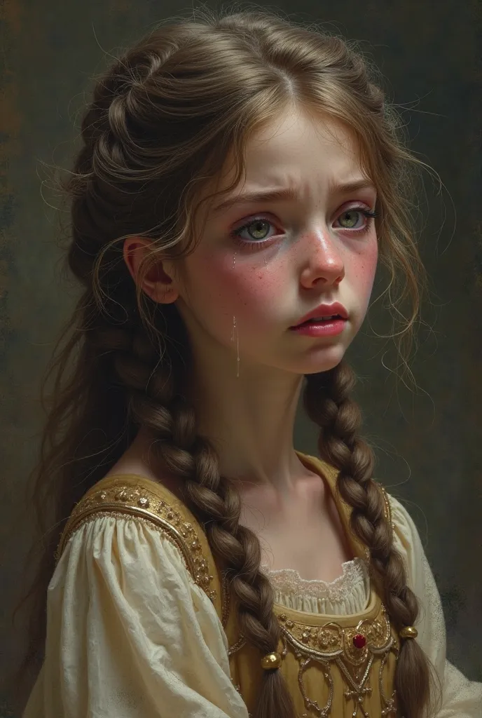 Create a princess with braided brown hair,  crying 