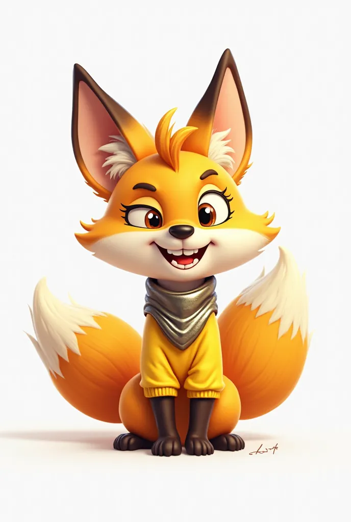 Create a cartoon-style yellow fox that has 3 tails, that has a metal bandana and a yellow sweater
(2D STYLE with a white background