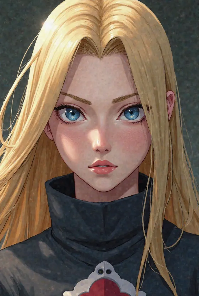 Naruto screenshot of a woman. Her hair is blonde and her eyes are blue. Her hair is straight and very long. She is a little serious.  