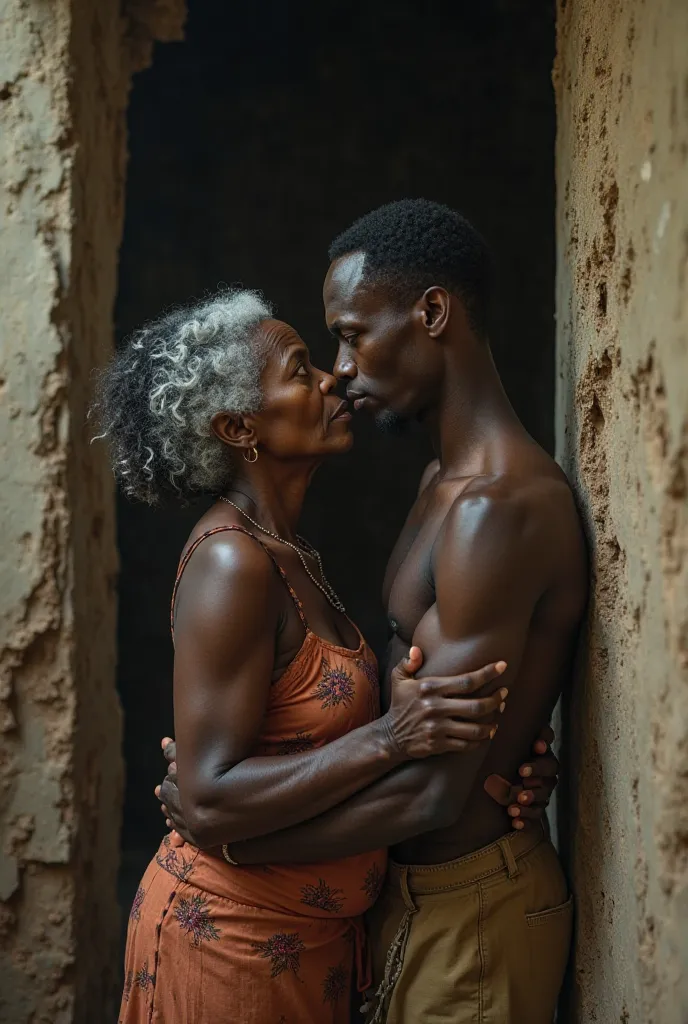 An elderly African woman with black eyes, dark skin, long curly breasts and thick short hair sits naked on a bed with a young African man who protects her inside an abandoned house 