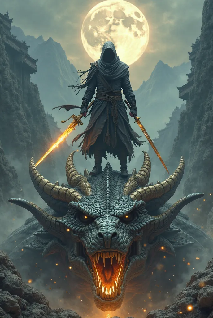 Under the light of a full moon, a lone ninja stands atop the head of a fallen dragon. His golden swords are embedded in the creature's skull, glowing brightly. The wind rustles his worn cape, while smoke rises from the dragon's nostrils. In the background,...