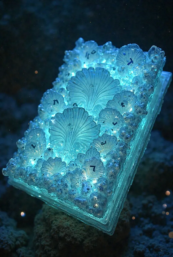 A book in the shape of aquatic magic shells, the shell book is transparent with bioluminescent kuleiform writing.