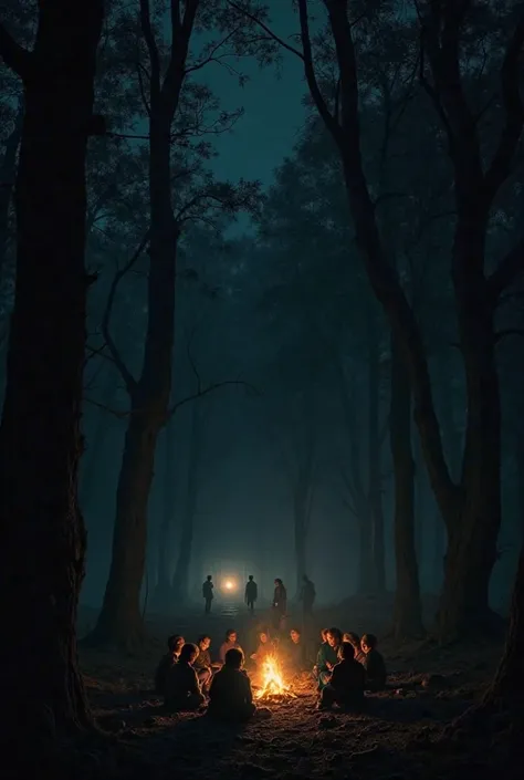 "A dark, eerie forest at night, with towering, twisted trees casting long shadows. In the foreground, a campfire flickers weakly, casting an unsettling glow on a group of terrified agers sitting in a circle, nervously glancing toward the dark woods. The sk...