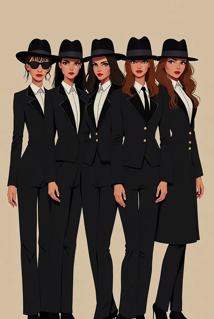 An image of about five gangster girls with the same skin tone and dressed as mobsters in dark-colored costumes, without glasses and with hats of mobsters, that are in a row together not separated from one after the other.But let the drawing not be realisti...