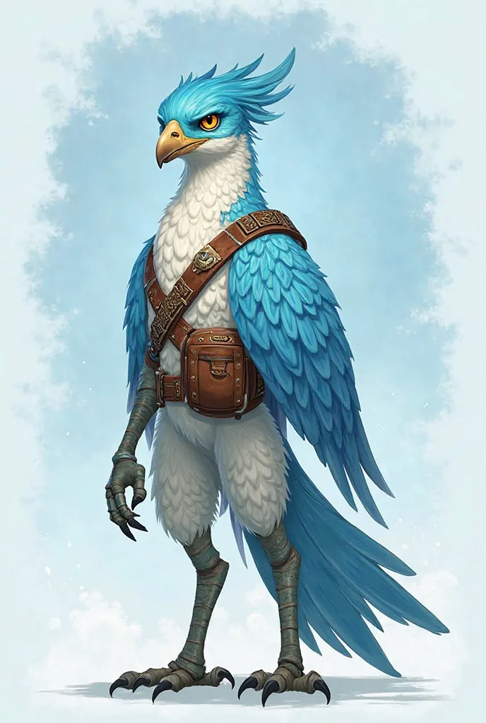 Liora stands at 5 feet tall, with a wingspan of 12 feet. Her plumage is a blend of cerulean and white feathers, reminiscent of a clear sky with drifting clouds. Her eyes are a sharp amber, reflecting keen intelligence and curiosity. She wears lightweight l...