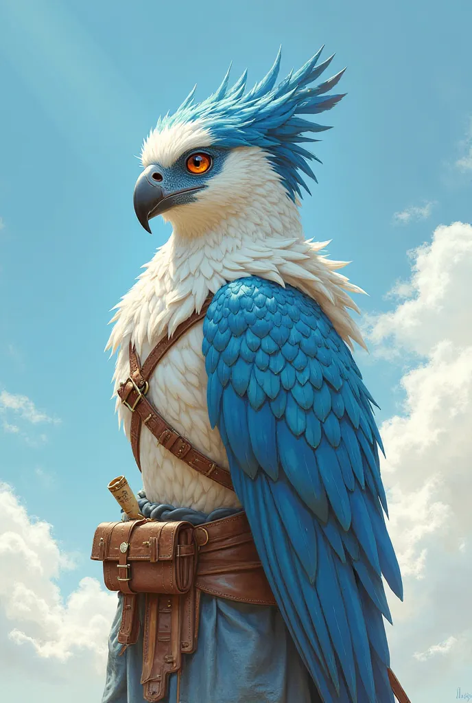 A girl that  stands at 5 feet tall, with a wingspan of 12 feet. Her plumage is a blend of cerulean and white feathers, reminiscent of a clear sky with drifting clouds. Her eyes are a sharp amber, reflecting keen intelligence and curiosity. She wears lightw...