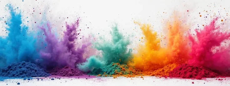 I want an advertising design Include traditional Holi elements like colorful powder clouds in blue, red, purple, and green. The overall composition should be clean and corporate-friendly, with space at the bottom to add. With some letters below that say "C...