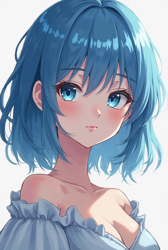 anime woman blue hair shouleder lenght front pose