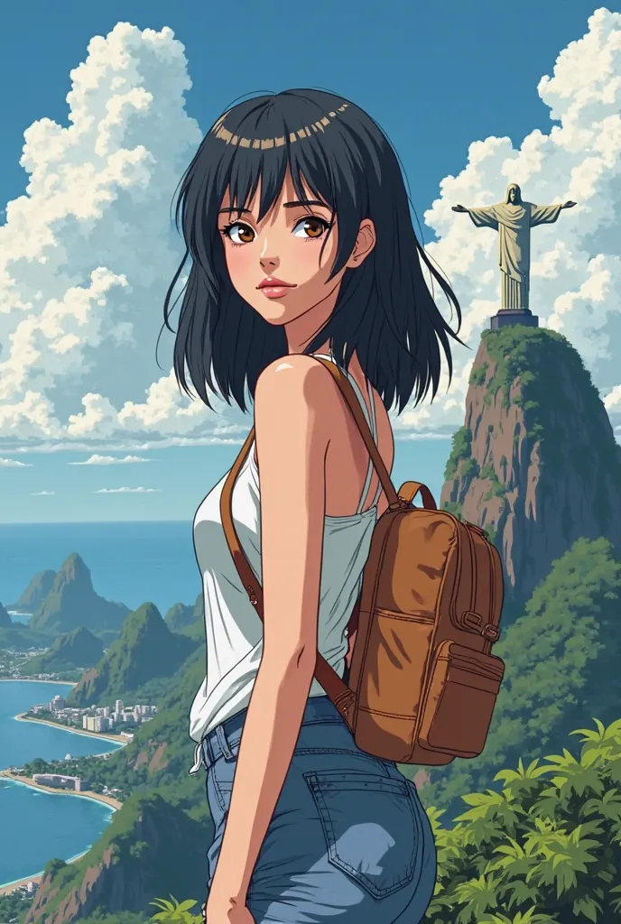 A classic 90s anime style illustration of a young woman with shoulder-length black hair and deep brown eyes. She has a slim yet curvy body. She is wearing casual clothes. She is visiting the statue of Christ the Redimeer in Rio de Janeiro, the Corcovado mo...