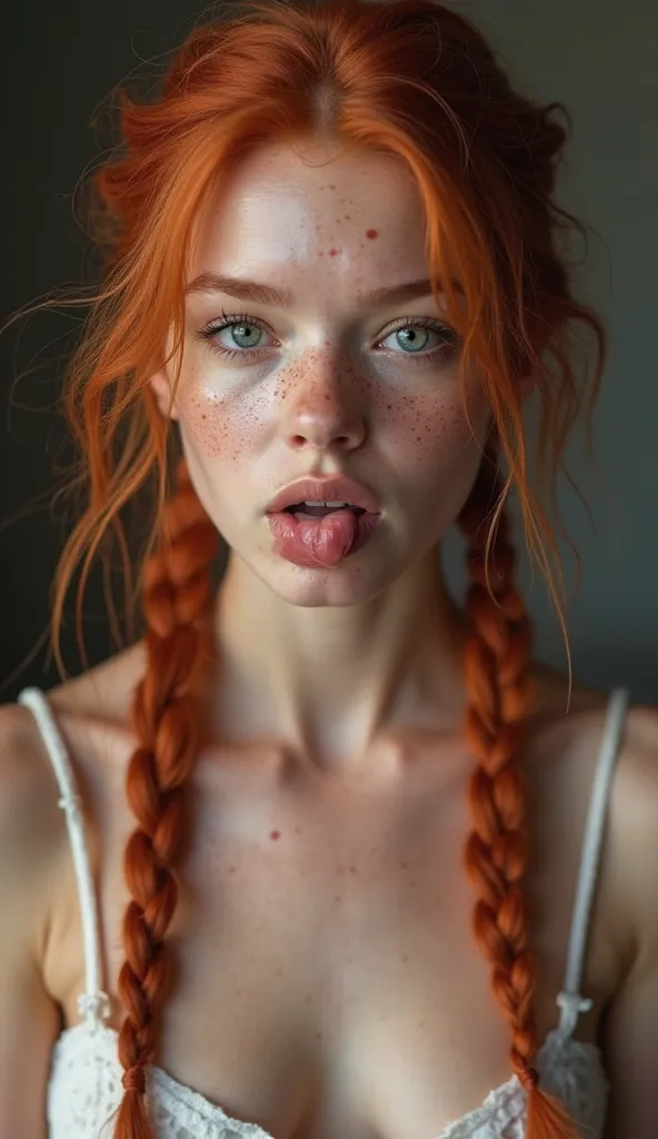 A girl  long red braided braids,  red hair top, sehr dünn tut Naked without clothes,cheeky,  flat breasted ,small breasts,smudged makeup, Fake big inflated lips ,  Bimbo lips ,perfect lips, cling, freckles,big eyes,blue eyes,sweat, sweats heavily,wet,very ...