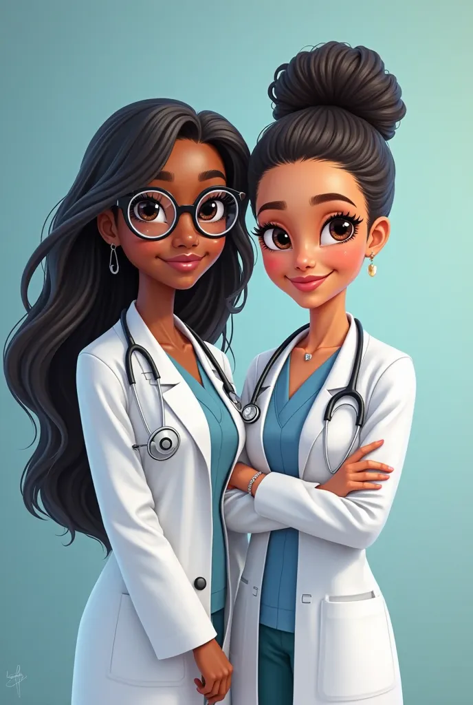 Two disney princesses , they are  doctors ,  ,both light skin ,one with  black long hair and glasses  , nice brown eyes  /the other princess,light skin , her hair is curly but up in a bun  with nice  curls both of them wearing white coat in the hospital  ,...