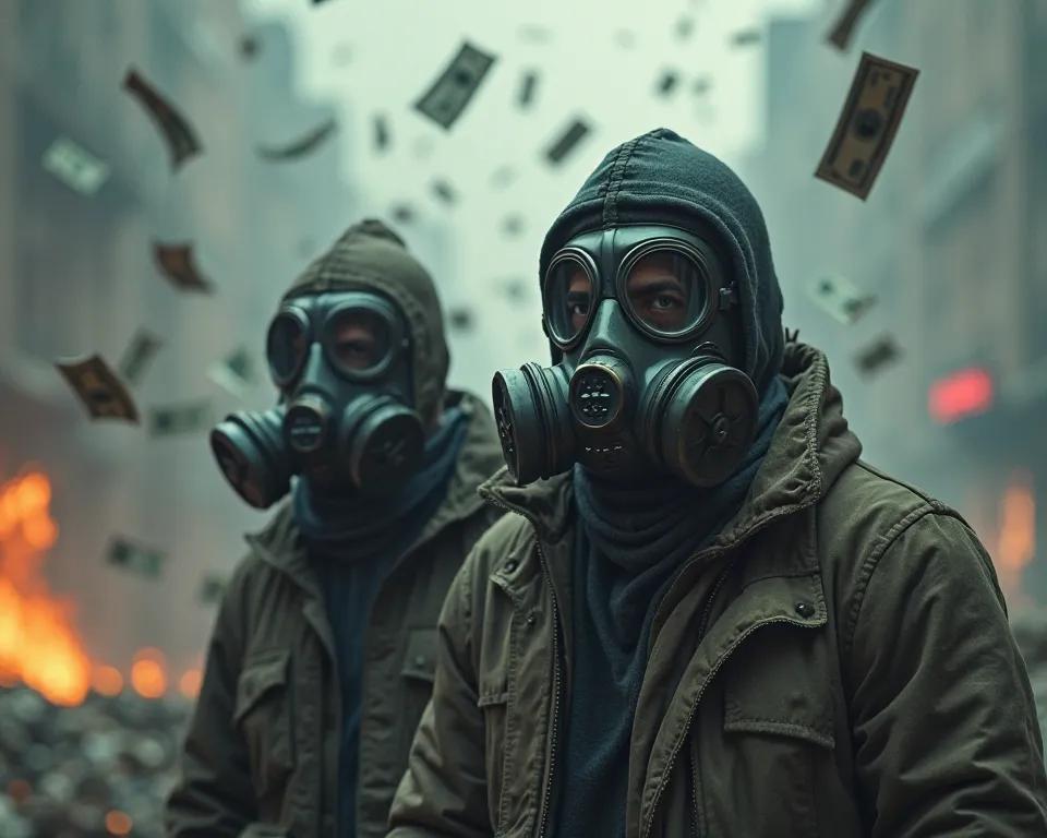 Guys wearing gas masks against the background of flying banknotes and fire