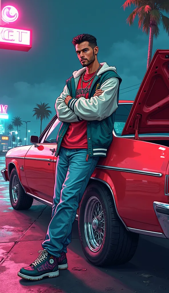 A 2D scene in GTA’s iconic semi-realistic art style: Tommy Vercetti leans against a candy-red Chevy Impala lowrider on a neon-lit Miami street. His ice-blue eyes lock onto the viewer—sharp, crow’s-footed, and defiant. Clothes EXTREMELY BAGGY: a triple-XL v...