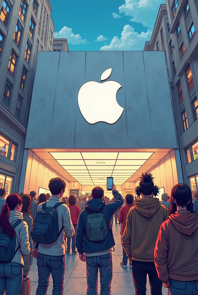 Create a comic about people outside an apple store