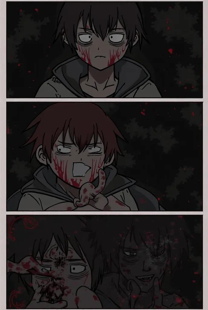 Chapter 1 - The Cruel Awakening

Page 1
First frame:

A scene deep in the dark. The eyes of the protagonist (21 years old, similar to Yami Tsukihiro) are seen, closed, his face pale and covered in blood.

A mysterious voice comes from the darkness:

"Do yo...