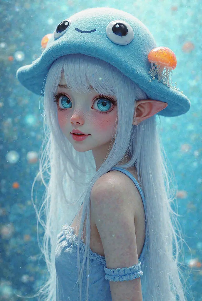 A female character based on blue colors with long white hair with small jellyfish on the back with an adorable face and a jellyfish hat 