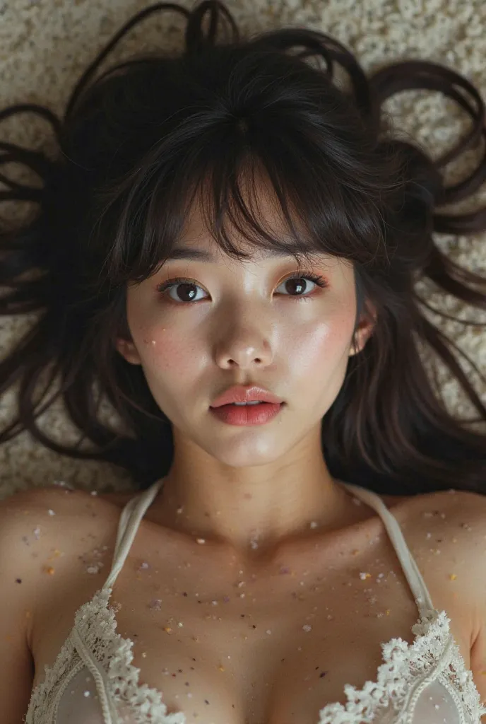 Japanese Idol Face, Bangs, Long hair, laying on floor, massive cumshot, bukakke, cum everywhere, cum in hair, exhausted, legs together, laying on side, sideways pussy, surrounded by men