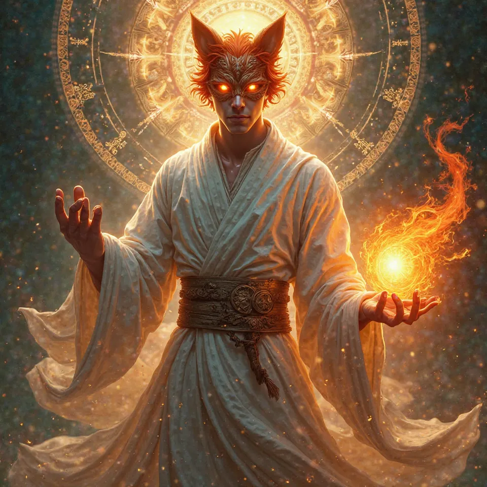 a man with orange hair, with kitsune mask with fire orange in hand, With white clothes and orange eyes, Arcane animation 