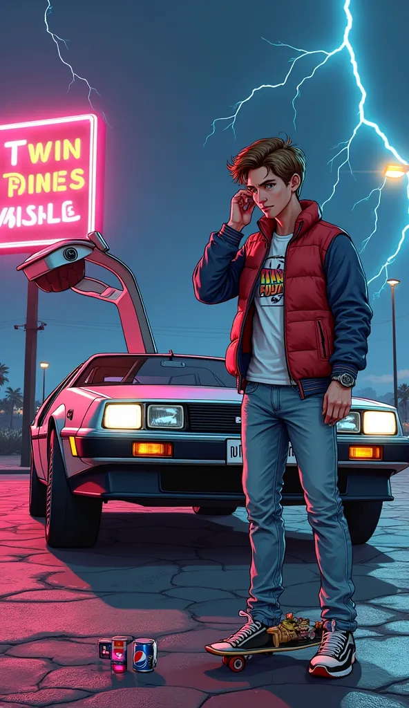 A 2D scene in GTA’s semi-realistic art style: Marty McFly (1985 "Back to the Future" design) stands beside the fully visible DeLorean DMC-12 (movie-accurate: stainless steel body, gull-wing doors open, flux capacitor glowing blue, "OUTATIME" license plate)...