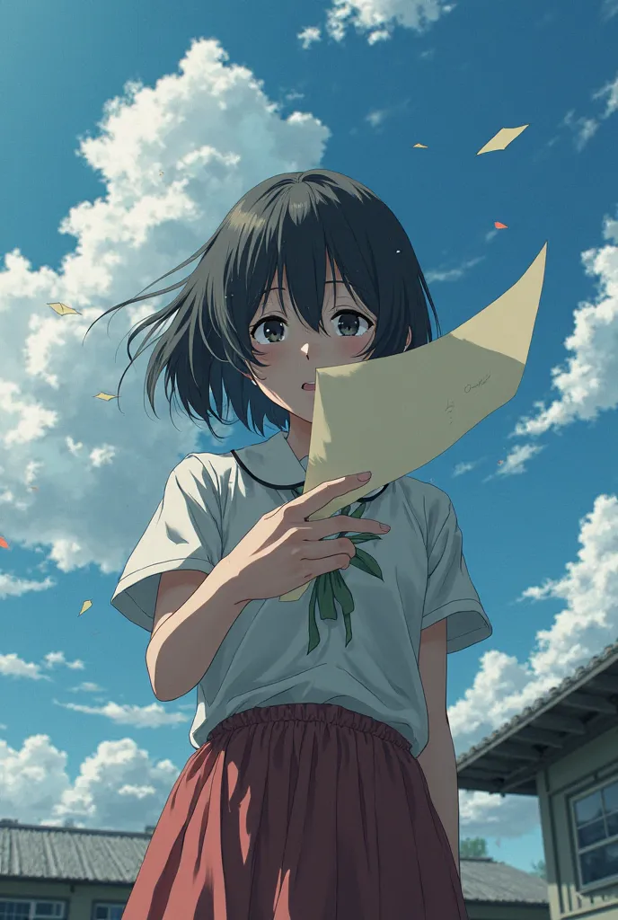 The girl is standing (in perspective from above  , her face is close to the frame.) on the roof of a Japanese school, and in a gust of wind, a letter breaks out of her hands and she tries to catch it with her other hand that is close to the camera and she ...