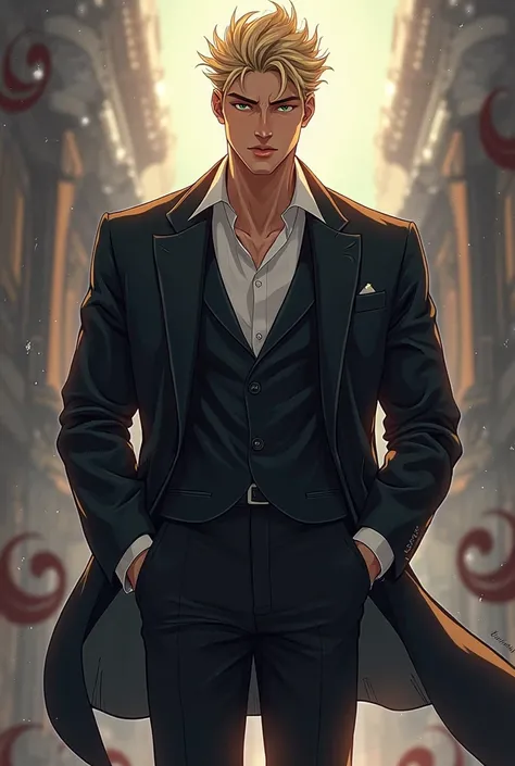  Handsome Guy, alfa, strong, blond hair, heavenly eyes, dressed in a black suit in a Manhwa version