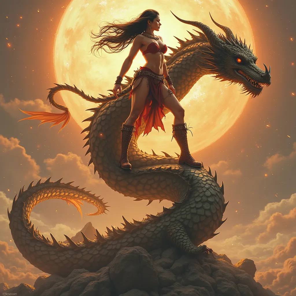 Ultra-detailed realistic image, latina girl warrior, fighting posture, on beautiful dragon. Written : "nikki dragon” in big letters legible behind her with the reflections of bright golden light in the background