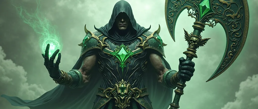 Cronos, the massive titan, ruler of time. A massive titan, large sized, wears black and green magical full armor, no cloak, black hoodie on head, skulls, holds large magic scythe of time and has a magic green ball in his hand. Looks down, no face shown.