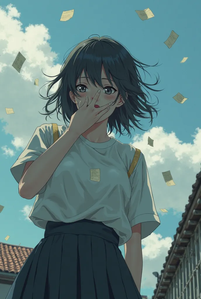 The girl is standing (in perspective from above  , her face is close to the frame.) on the roof of a Japanese school, and in a gust of wind, a letter breaks out of her hands and she tries to catch it with the other hand that is close to the camera and she ...