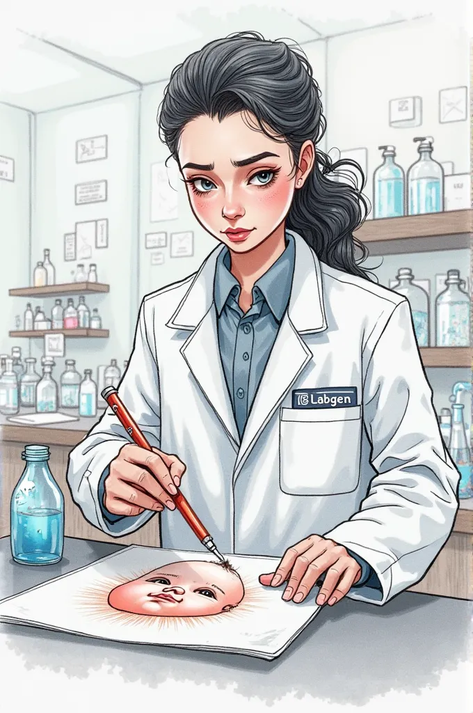 Create an image of a drawing of a baby, I have been a health scientist for months, not Disney style, Health researcher, that has LABGEN written on the lab coat pocket