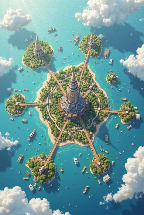 Draw a plane from an aerial perspective of a city composed of 7 small islands with one in the center and the other 6 surrounding it, the central island will be the urban and residential area, the first that surrounds it will be the entertainment island, th...