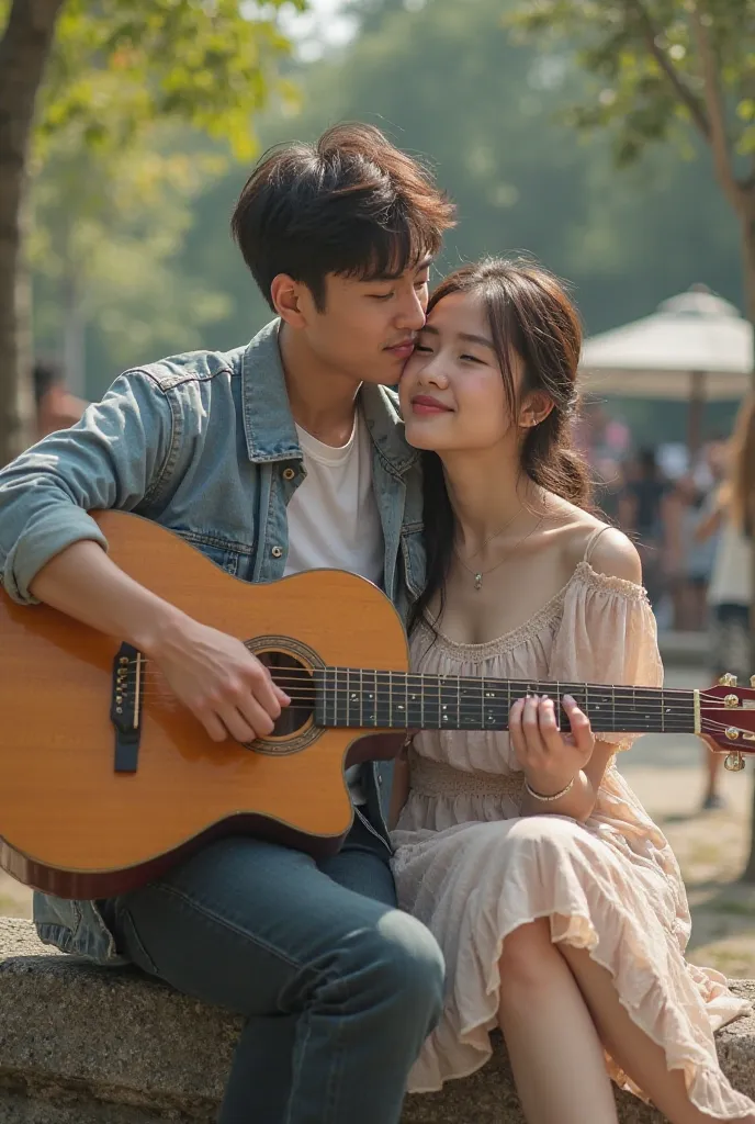 I want to create an image of a Very Beautiful Girl That girl who is Vietnamese should not be too thin, ngực to, big boobs not skinny, pale white. This girl is hugging a guy on the left who is also Vietnamese, the guy holding the guitar. Both of them were s...