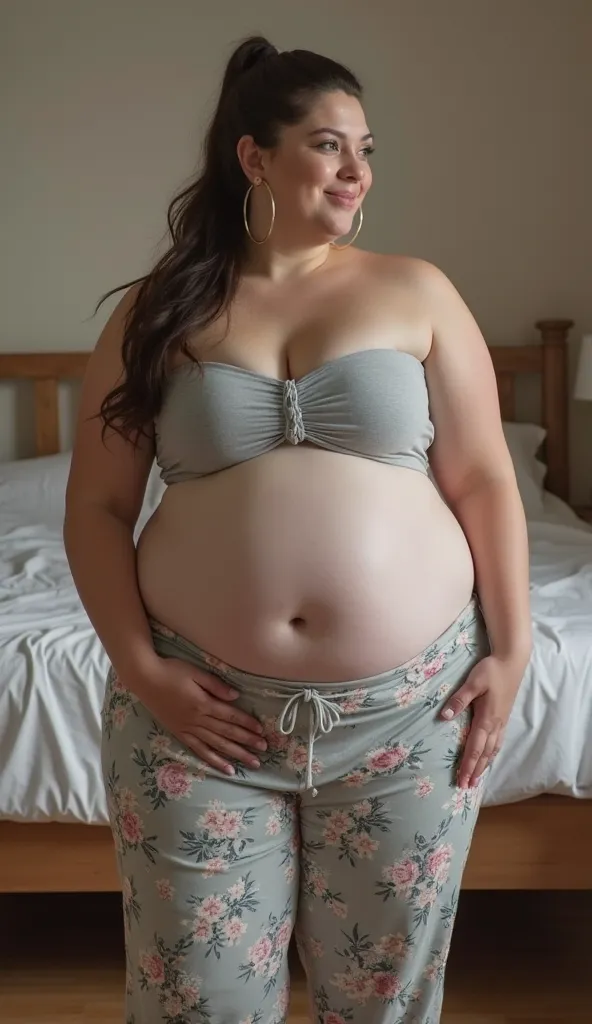 In room, high angle view, a massive ass pawg voluptous obese bbw 25-year old white european student with huge fat protruding bloated saggy belly standing near bed, brunette slickback ponytail, hoop earings, wide body, large sized huge breasts, huge thighs,...