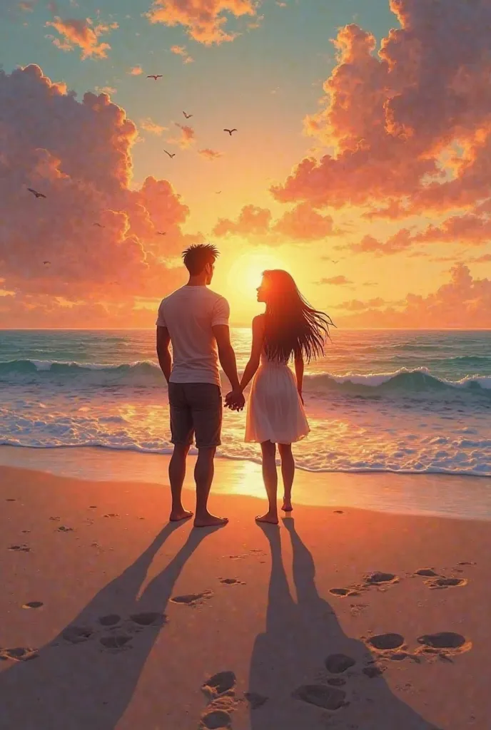 Create an image of a man with a tall brown complexion and a woman with long hair on her back watching the sunset on the beach and written on the sand 15.01.25