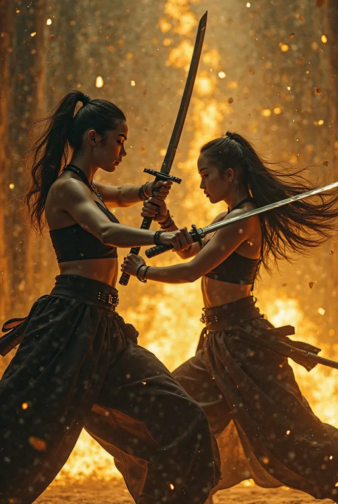 K4OS RAGE MV, two woman's fighting, MV fighting scene, perspective 360, katanas wearing, no muscle, dynamic poses fighting, yellow lights, dynamic angle of camera