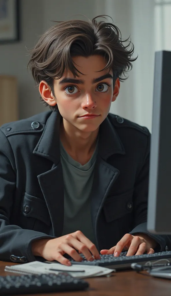 A young narrator with smirk face was typing on computer to chatting C.ai user. He wear black suit coat with jean with ugly hair style with fat body