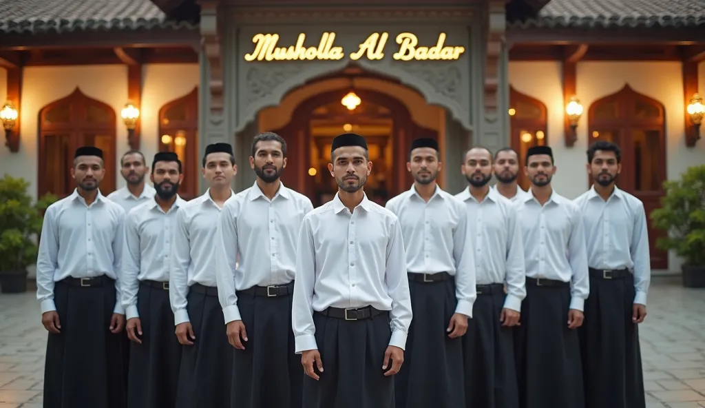 Prompt:

"Create a 4K realistic image from a front-facing perspective of several men standing in a row, as if they are welcoming others to the mosque. Each man should be wearing a white koko shirt, a black kopyah, and a sarung. They should be standing neat...