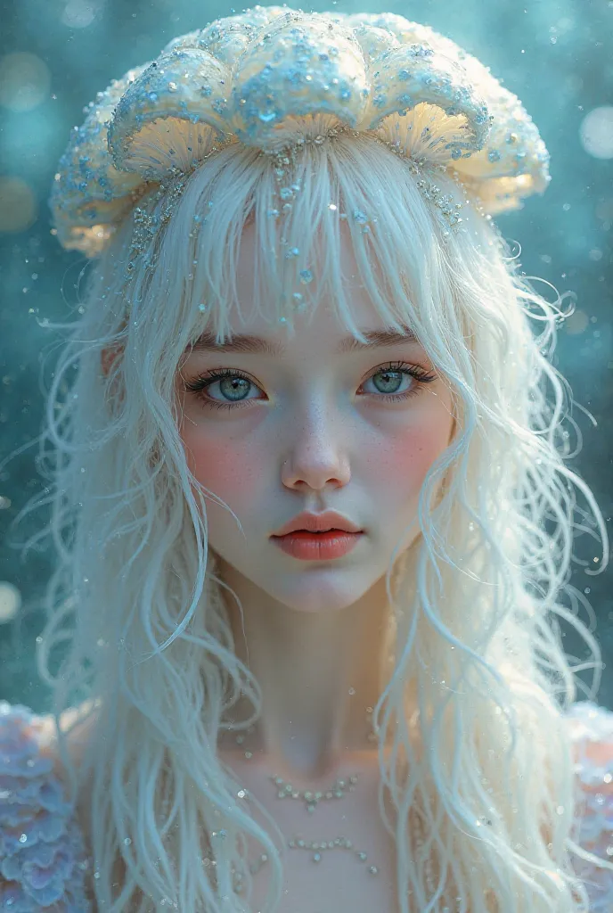 A female character based on the color blue with long white hair and a jellyfish cap with jellyfish on the back with an adorable face in size to put as a TikTok profile picture
