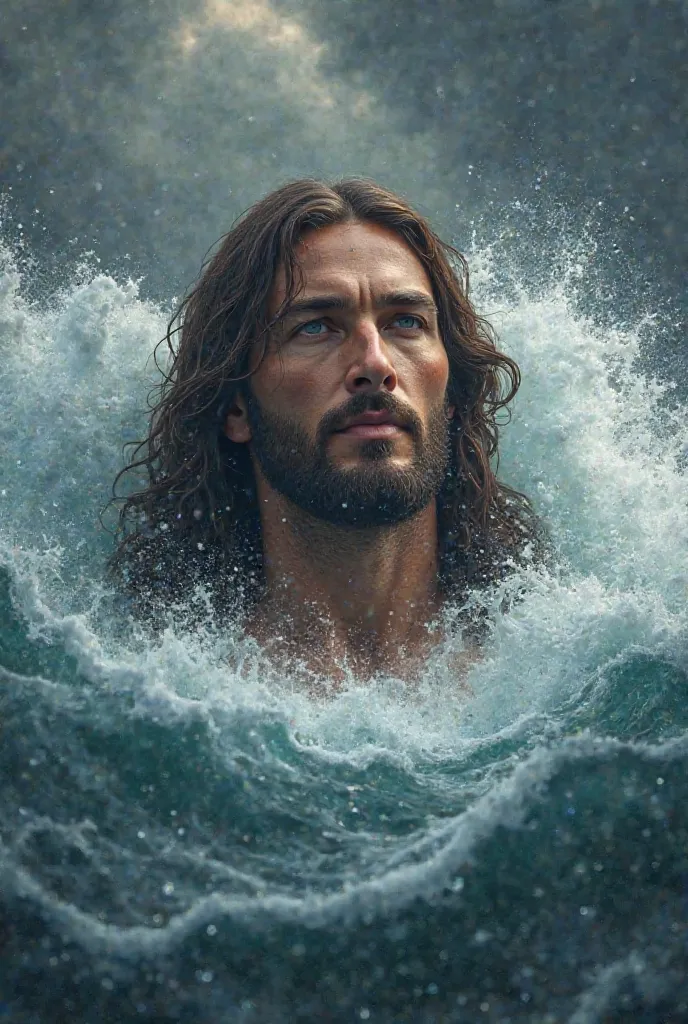 Jesus on top of the water in a stormy and rough sea. Make the face of Jesus closer. To the point of zooming in on the face. Realistic. 