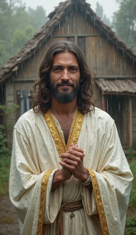 An ultra-realistic representation of Jesus Christ in 8K, with a cheerful face . It faces, looking directly at the camera,  front view. Jesus is standing, with hands together. Jesus is dressed in a white robe with gold and gold details. highly detailed back...