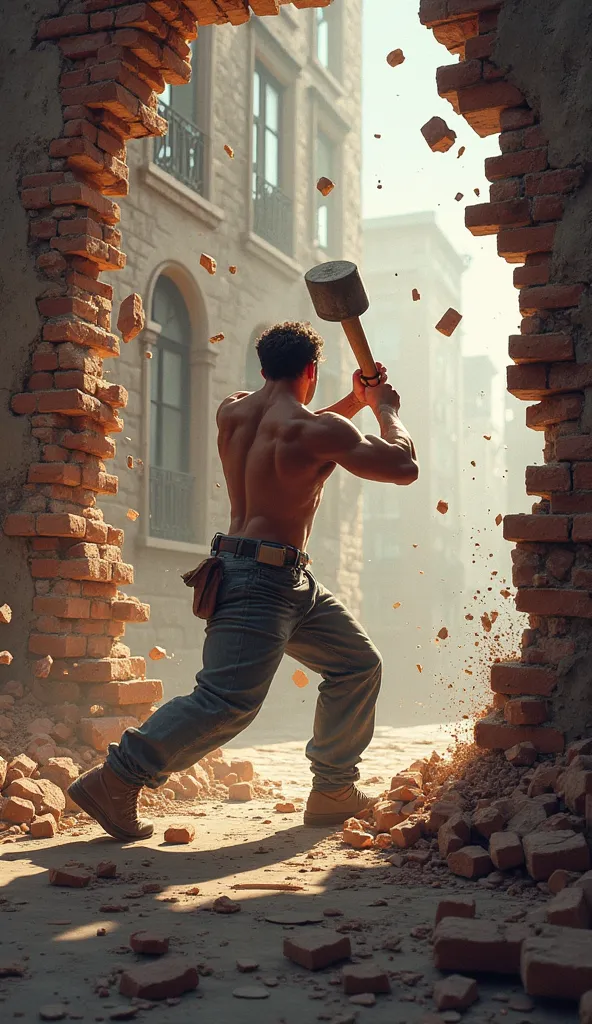 In a city courtyard, a man with a sledgehammer smashes an old brick wall against the backdrop of an abandoned building. Bright sunlight shines through the cracks in the wall, creating a sharp contrast between the cold concrete structure and the warm exit b...