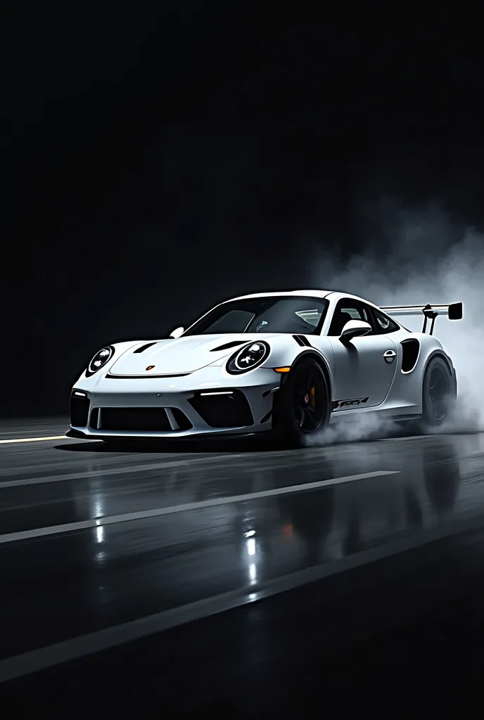 Create a drawing of a Porsche GT2 RS sideways with a black background and the car in white