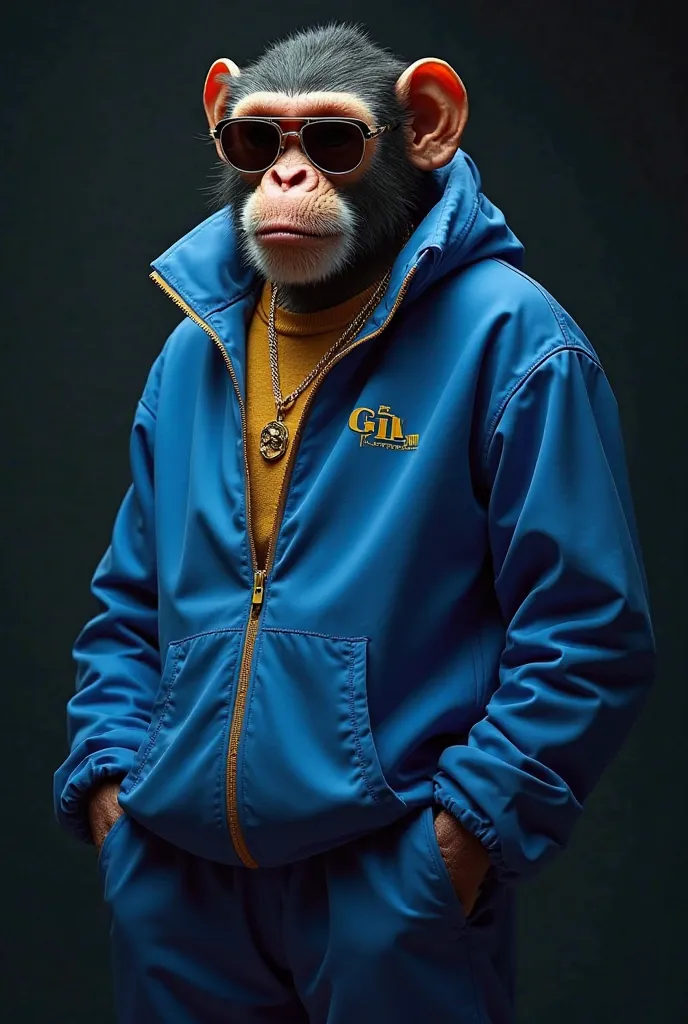 "A highly detailed, ultra-realistic anthropomorphic monkey wearing a stylish blue tracksuit with a gold undershirt. The monkey has a confident stance, hands in pockets, wearing sunglasses and a golden pendant. The lighting is cinematic, highlighting the sm...