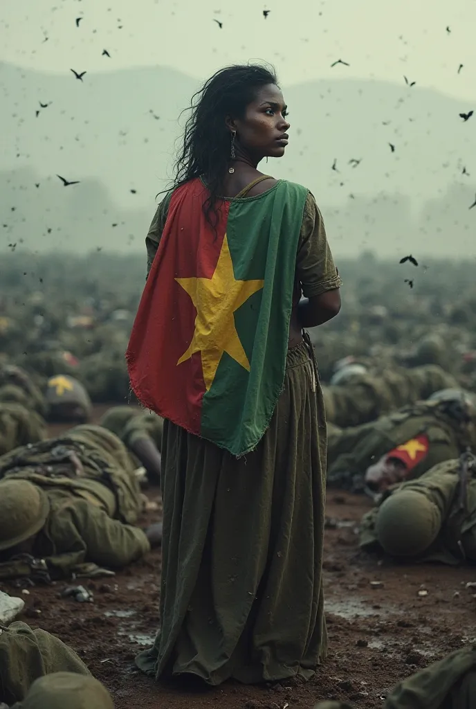 Woman crying with a  on her back with a DRC flag fixed to the ground with dead soldiers