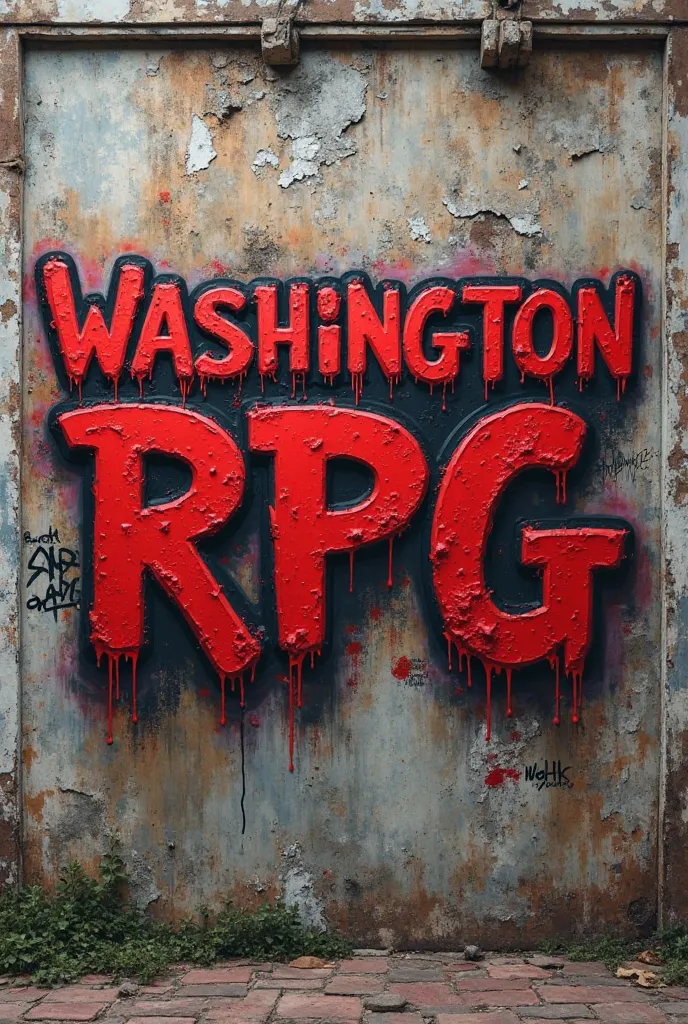 Washinton RPG lettering written with graffiti on an old ruined wall in gang neighborhood RPG lettering will be red Let it be dark