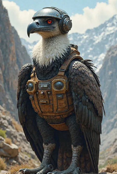 Create an image of a ruppel vulture with a vest and helmet